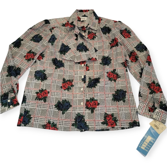 Vintage Leslie Fay Sportswear Floral Gingham Puff Sleeve Tie Button Up Top NWT! - Picture 3 of 16